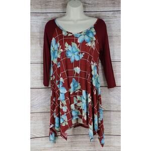 Watermelon Womens Size Small Medium Large Floral Short Sleeve Tunic Shirt Maroon
